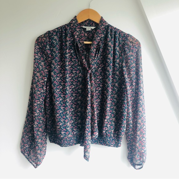 American Eagle Floral Tie Front Floral Button Dwn Blouse Smocked Waist Top Sz S - Picture 2 of 14